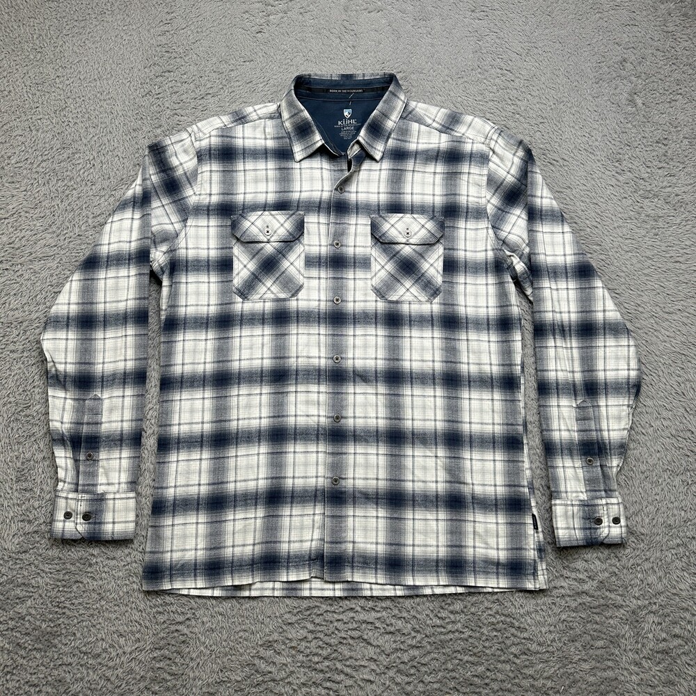 Kuhl Shirt Mens L White/Navy Plaid Button Flannel Cotton Tencel Hike